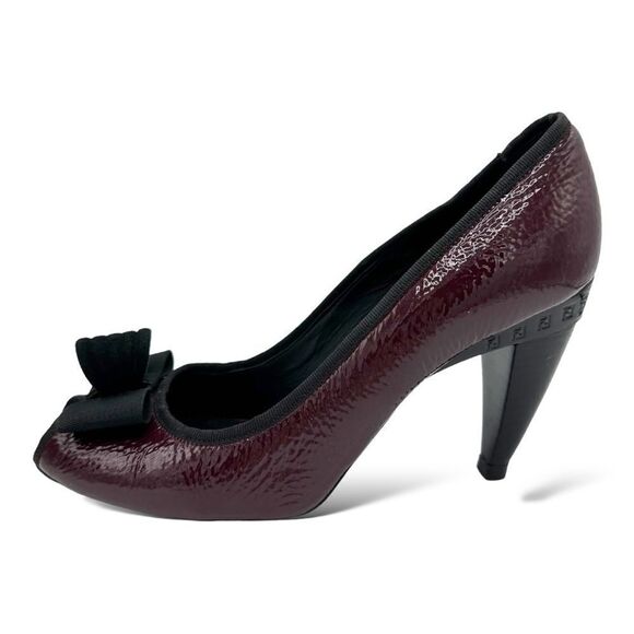 Fendi Burgundy Textured Patent‎ Peep Toe Pumps w/Bow Grosgrain Bow Sculptured 7M - Picture 1 of 16